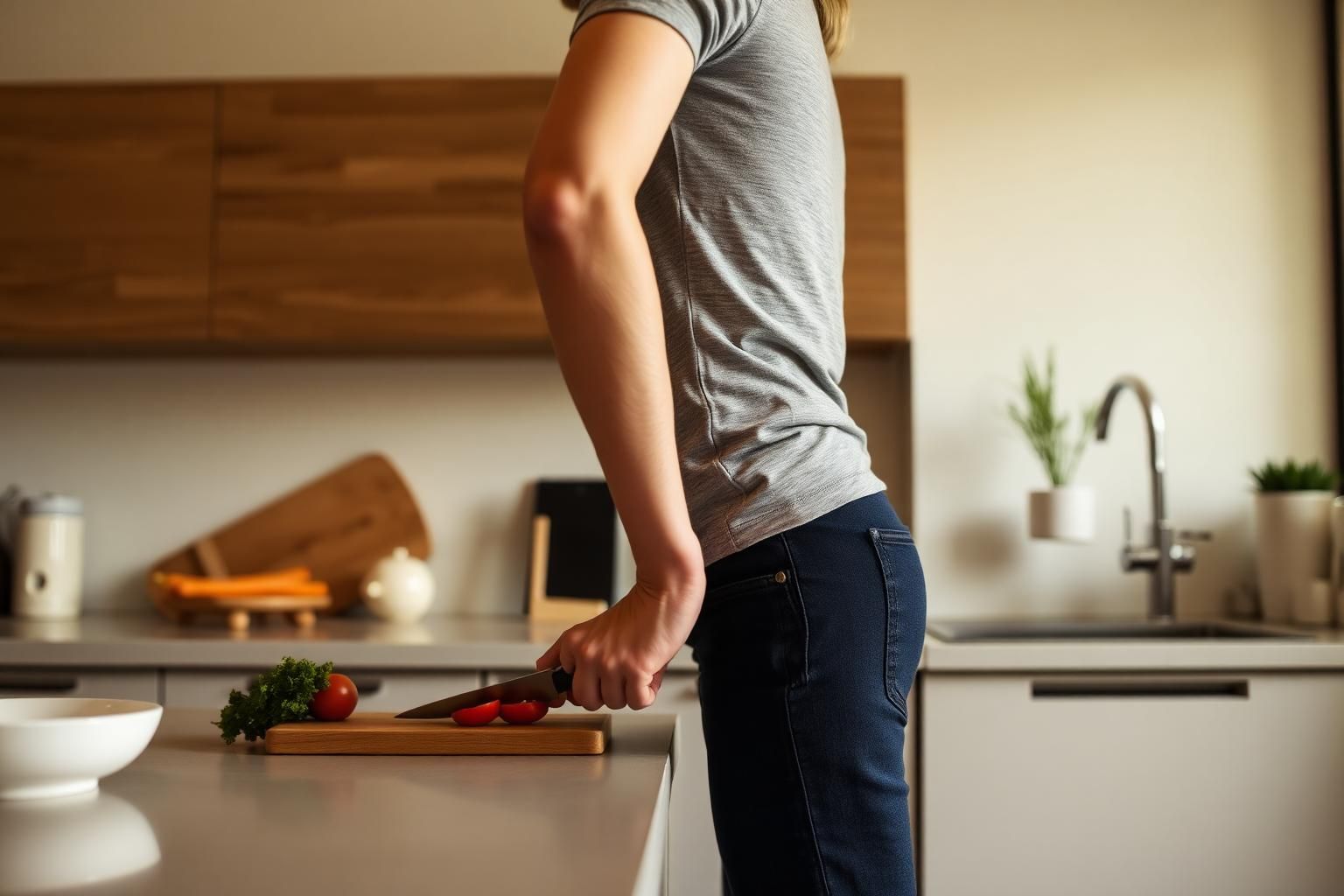 Person beim Schneiden auf einer Küchenarbeitsplatte – ergonomisch korrekte Haltung mit angewinkelten Armen, 10 cm unter Ellenbogen