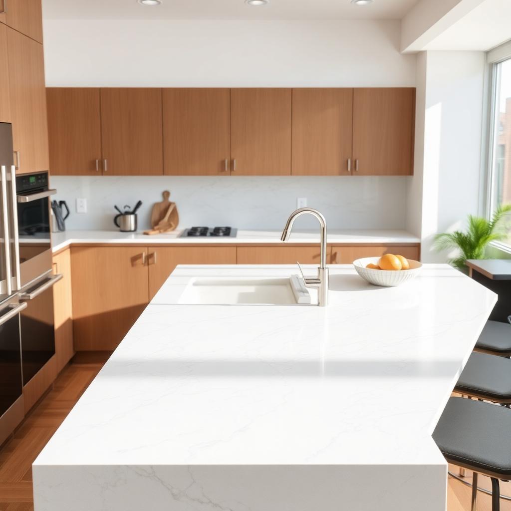 Weiße Quarzkomposit-Arbeitsplatte mit Marmor-Optik in griffloser Küche – porenfreie Oberfläche mit Silestone-Calacatta-Dekor