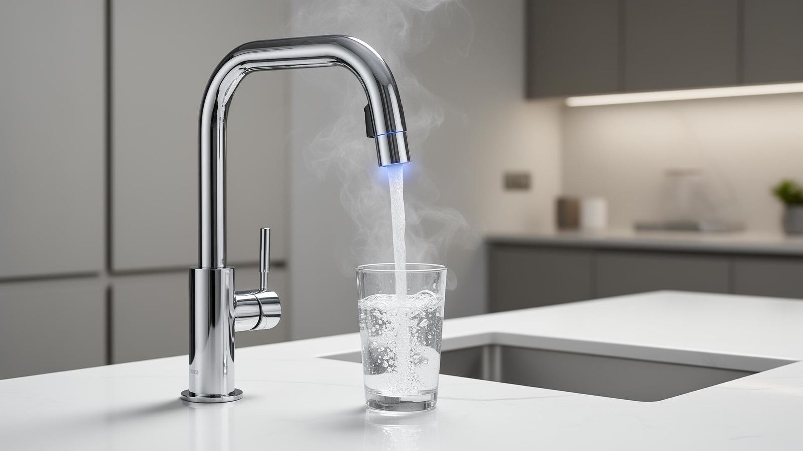 Quooker Fusion Kochendwasser-Armatur in gebürstetem Edelstahl – 100 °C heißes Wasser auf Knopfdruck mit Kindersicherung am Drehgriff
