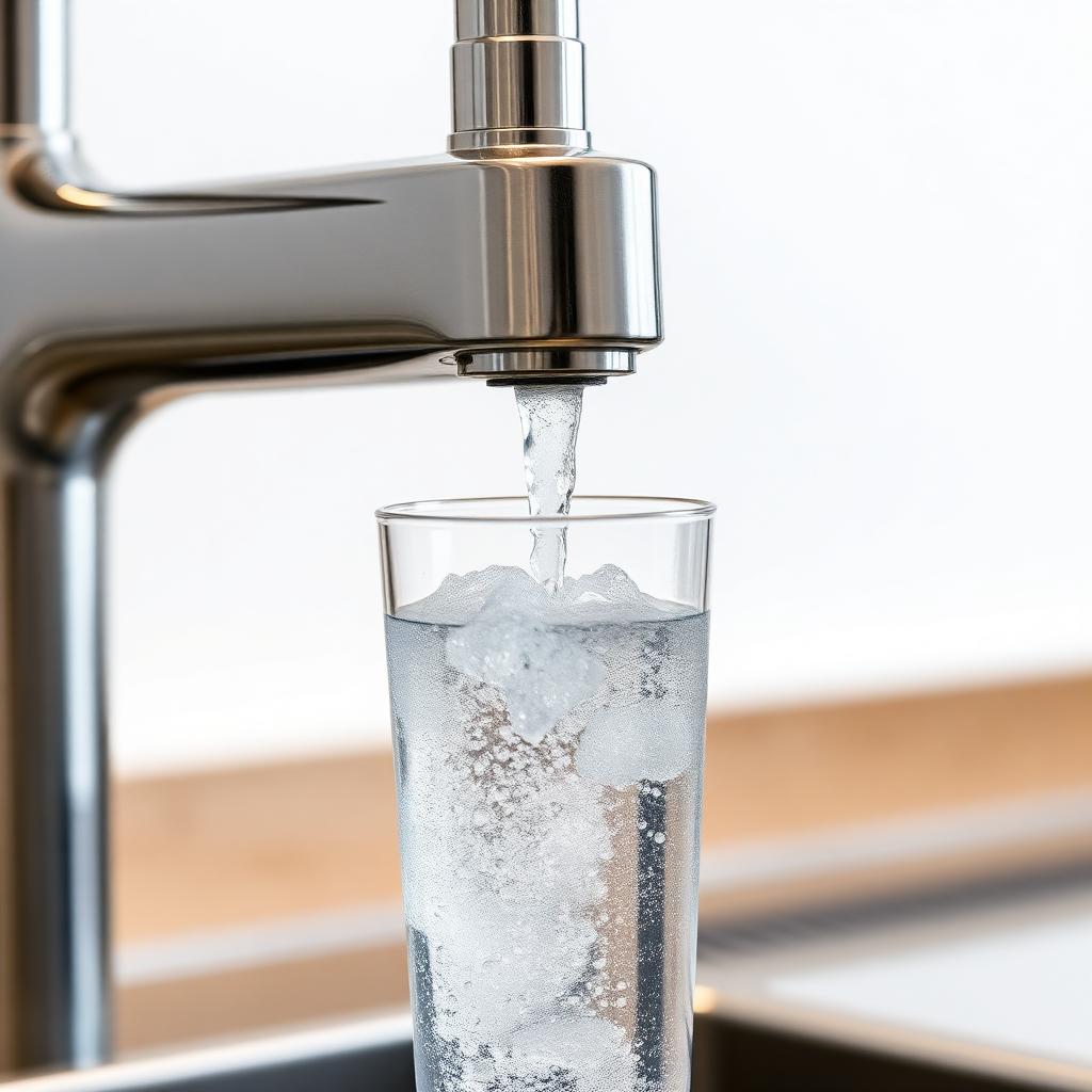 Gekühltes Sprudelwasser fließt aus GROHE Blue Armatur in ein Glas – CO₂-Blasen steigen im kristallklaren Wasser auf