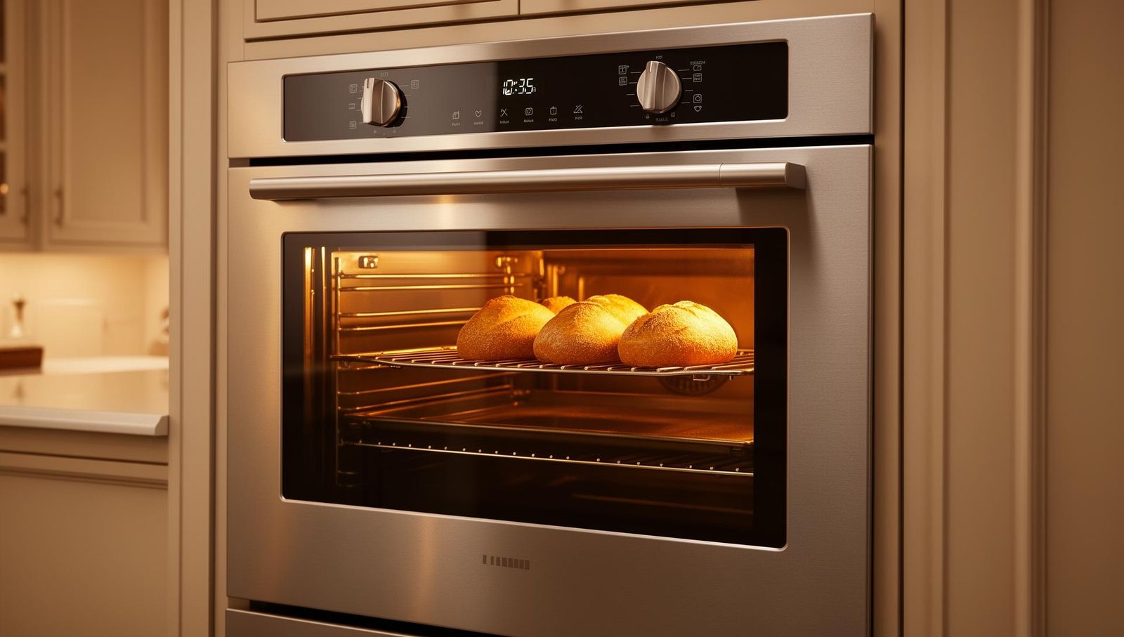 Hocheingebauter Einbaubackofen auf Augenhöhe mit Pyrolyse-Selbstreinigung – Innenlicht zeigt goldbraun gebackenes Sauerteigbrot