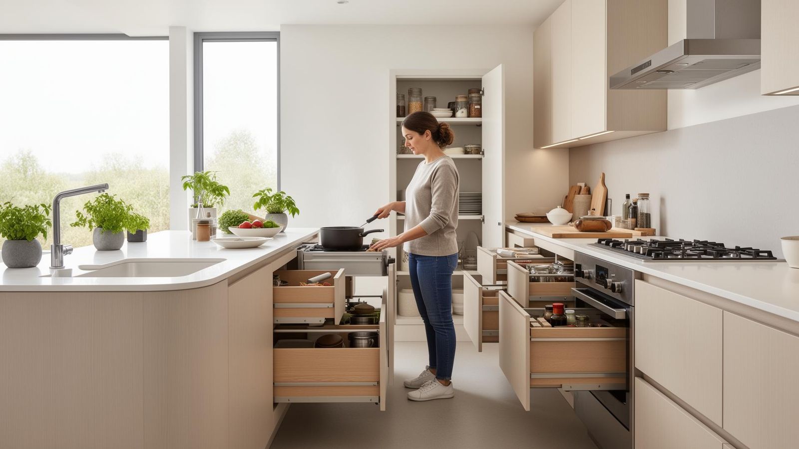 Seitenansicht einer ergonomisch geplanten Küche – Person arbeitet an höhenangepasster Arbeitsplatte mit hocheingebautem Backofen auf Augenhöhe