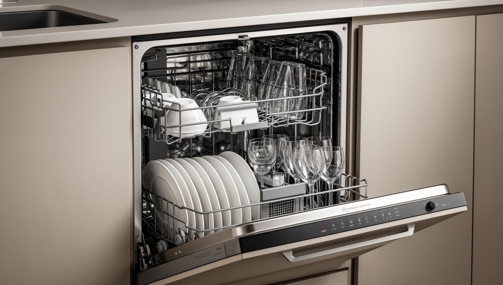 Vollintegrierter 60-cm-Geschirrspüler mit geöffneter Tür – drei Körbe zeigen sauber gespültes Geschirr, Gläser und Besteck nach Eco-Programm