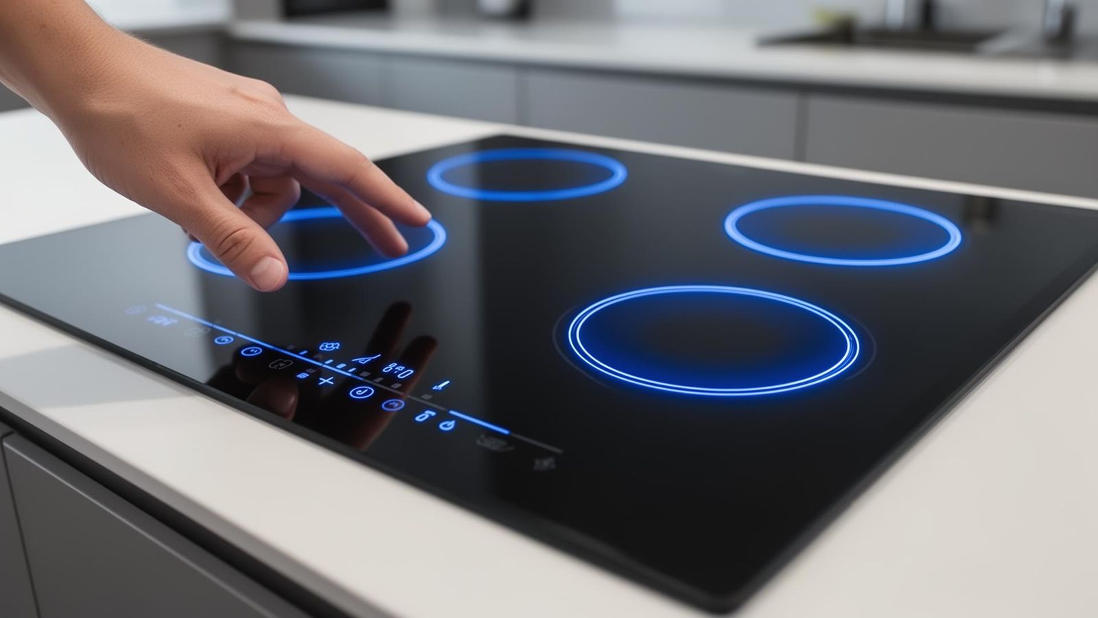 Nahaufnahme eines Induktionskochfelds mit Slider-Touch-Bedienung – blaue LED-Anzeige zeigt Leistungsstufe, Glaskeramik-Oberfläche spiegelt Kochgeschirr
