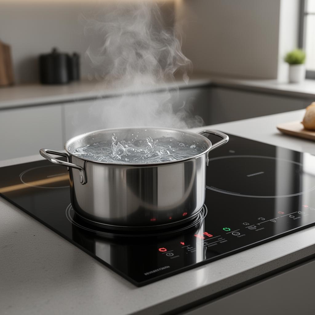 Edelstahltopf mit sprudelnd kochendem Wasser auf Induktionskochfeld – Aufheizzeit unter 3 Minuten dank elektromagnetischer Wärmeübertragung