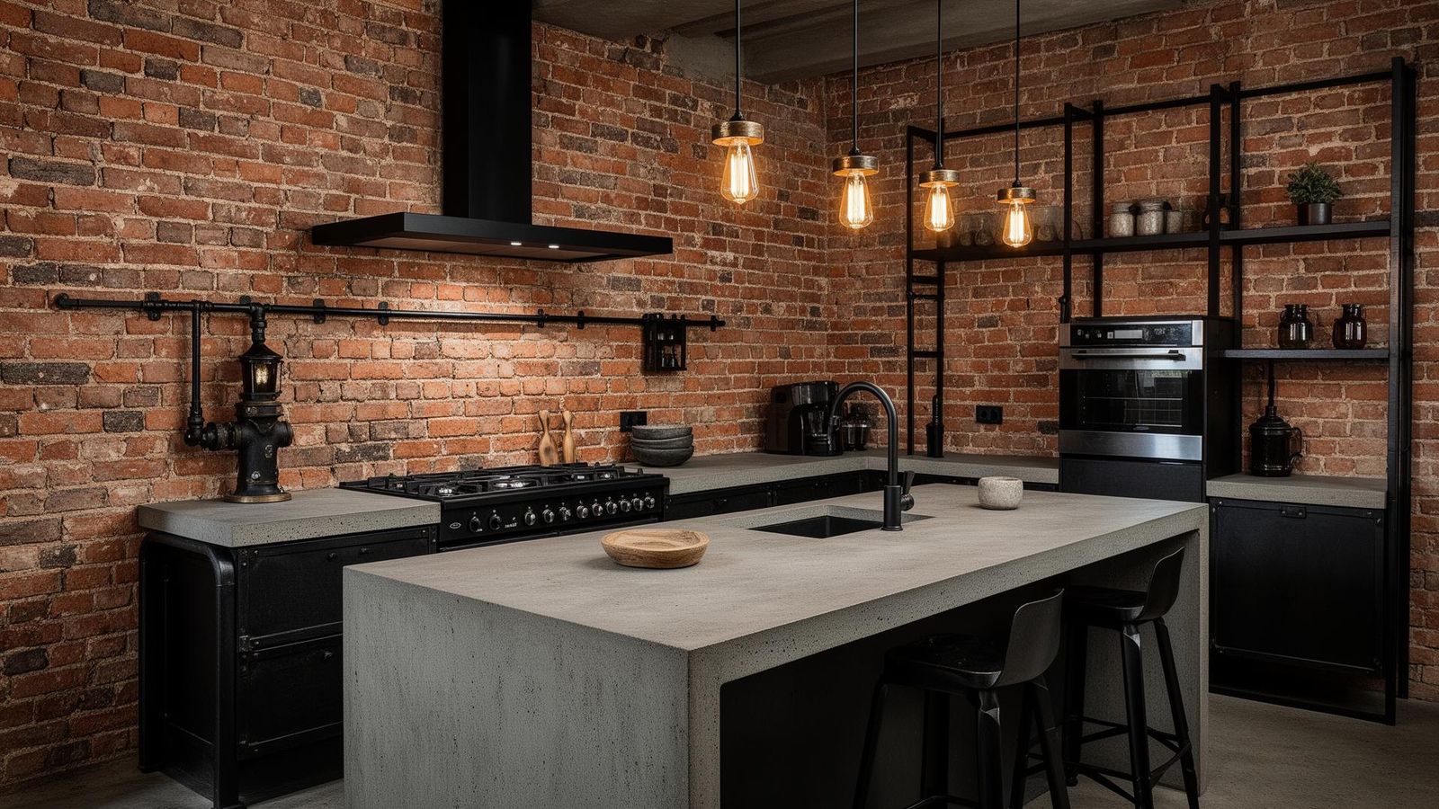 Industrial-Chic-Küche in Loft-Wohnung – sichtbare Backsteinwand, Beton-Arbeitsplatte, schwarze Stahl-Pendelleuchten und offene Kupferrohre als Designelement