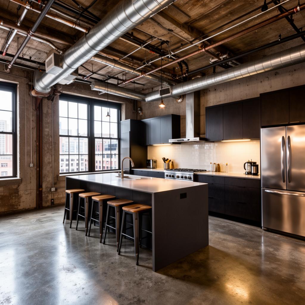 Große Loft-Küche mit sichtbaren Lüftungsrohren an der Decke, Edelstahl-Kücheninsel auf Rollen und poliertem Betonboden im Industriedesign