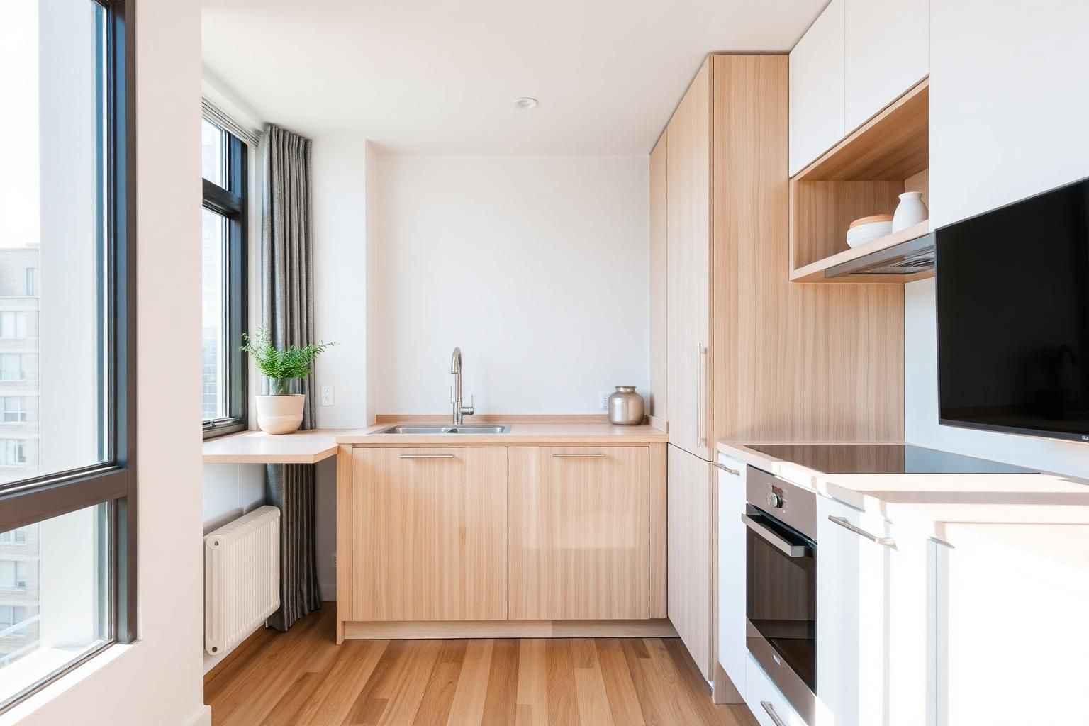Kompakte moderne Küche in einer Stadtwohnung – einzeilige Anordnung mit Hochschrank, helle Holzfronten und großem Fenster für maximale Tageslicht-Wirkung
