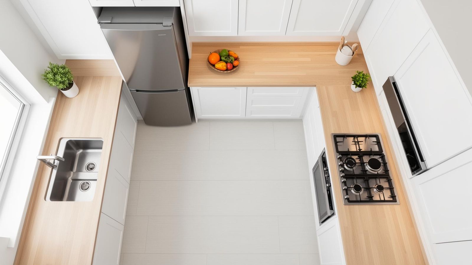 Draufsicht auf U-förmige Küche mit markiertem Küchendreieck – optimale Laufwege zwischen Spüle, Induktionskochfeld und Kühlschrank