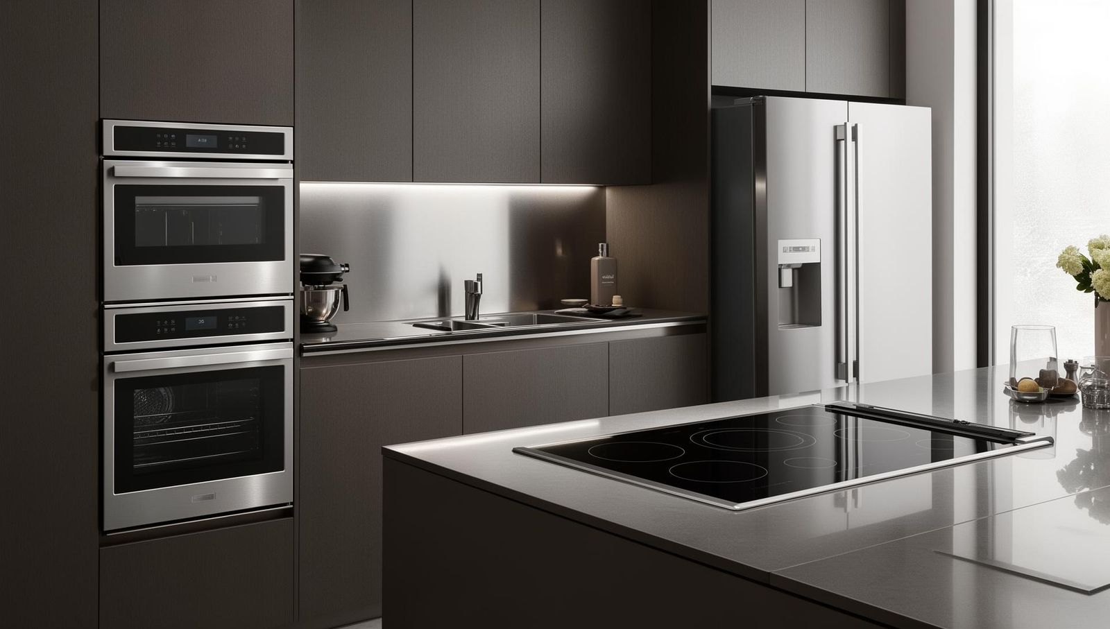 Einbauküche mit Premium-Geräten von Miele und Siemens – Induktionskochfeld, Dampfgarer und integrierter Kaffeevollautomat in Edelstahl-Optik