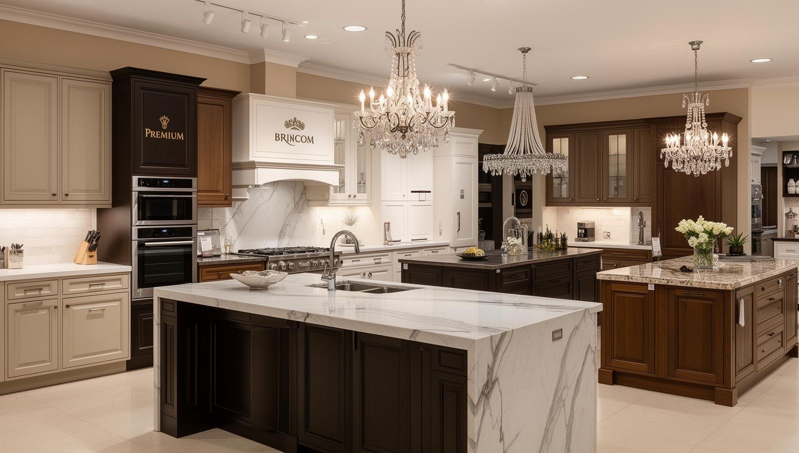 Showroom eines Premium-Küchenstudios mit Ausstellungsküchen von Bulthaup, SieMatic und Leicht – verschiedene Stilrichtungen und Materialien nebeneinander