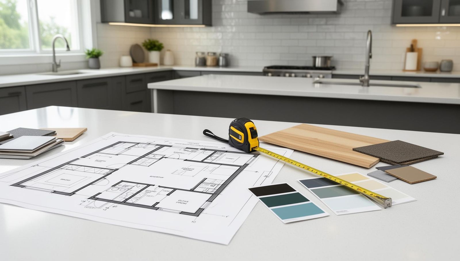 Küchenplanungs-Arbeitsplatz mit maßstabsgetreuem Grundriss, Materialmuster-Fächer und Farbpaletten für die Küchenkonfiguration