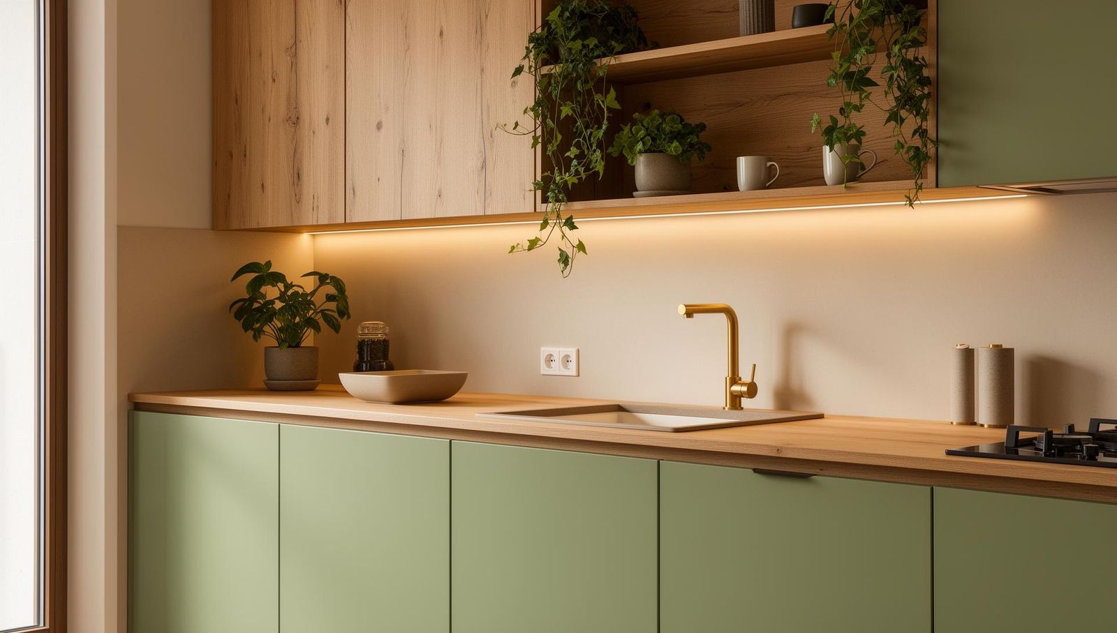 Trendküche 2026 im Organic Design – abgerundete Kochinsel in Greige mit Travertin-Arbeitsplatte, Eichenholz-Akzenten und mattem Anti-Fingerprint-Lack