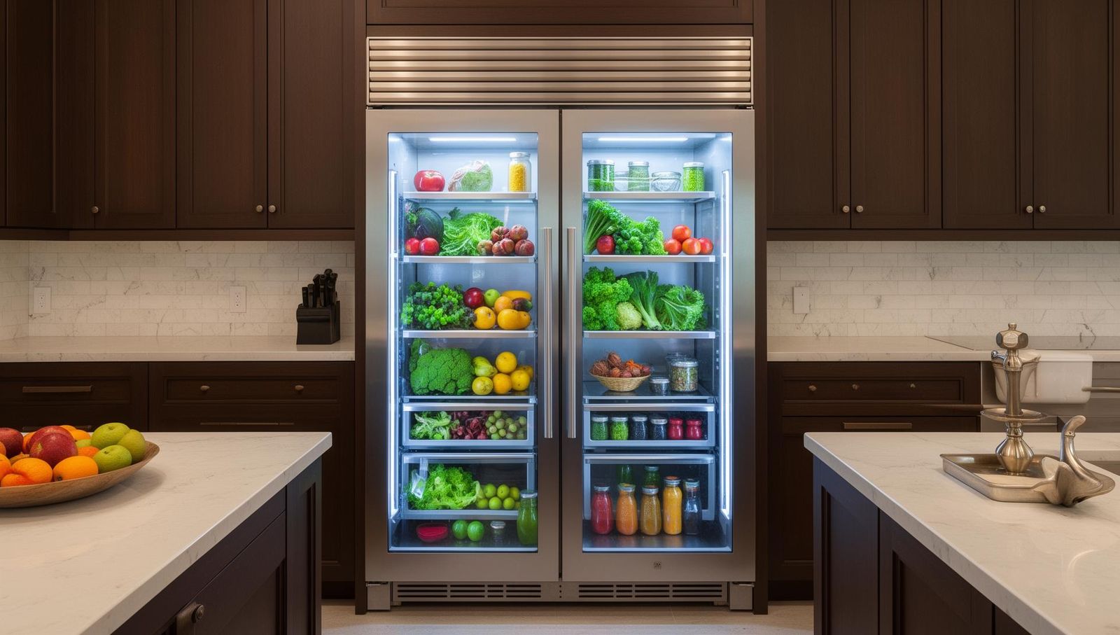 Geöffneter Side-by-Side Kühlschrank mit French-Door-System – frisches Gemüse in BioFresh-Zone und Gefrierfach mit NoFrost-Technologie