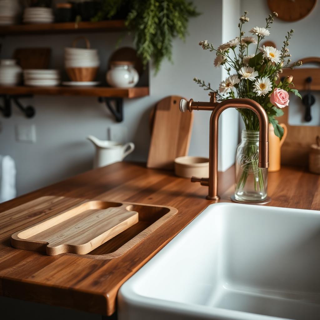 Detailansicht einer weißen Farmhouse-Spüle mit Brückenmischer-Armatur in Messing – Holzschneidebrett und frische Kräuter daneben