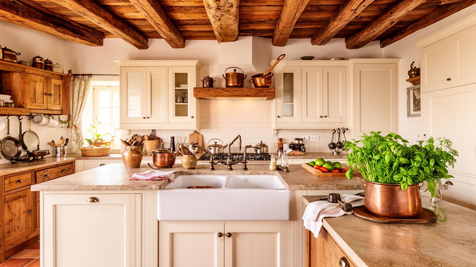 Gemütliche Landhausküche mit freiliegenden Eichenholzbalken, cremefarbenen Kassettenfronten und Farmhouse-Keramikspüle unter dem Fenster
