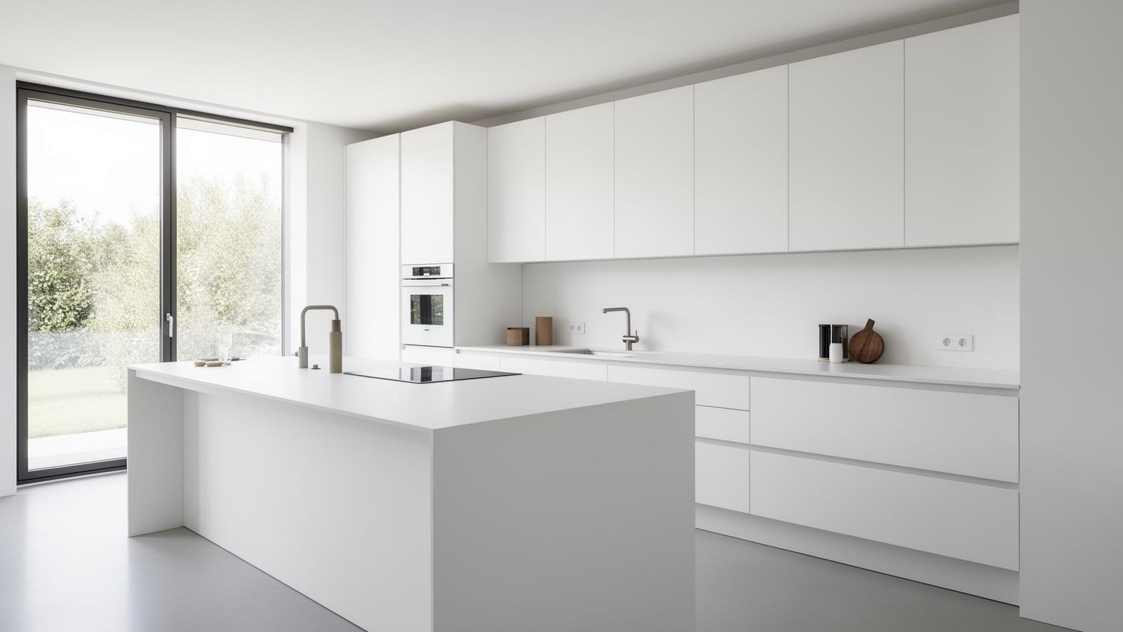 Puristische weiße Küche mit grifflosen Push-to-Open-Fronten, flächenbündiger Keramik-Arbeitsplatte und versteckter Griffmulden-Leiste in Edelstahl