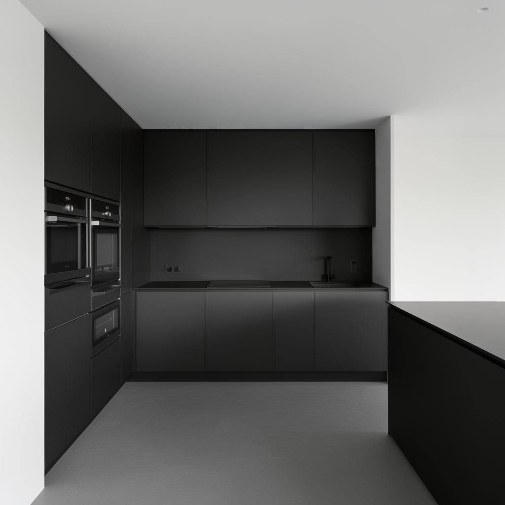Grifflose Küche in Anthrazit-Matt mit flächenbündig integrierten Geräten – Backofen, Dampfgarer und Kühlschrank hinter einheitlichen Fronten versteckt