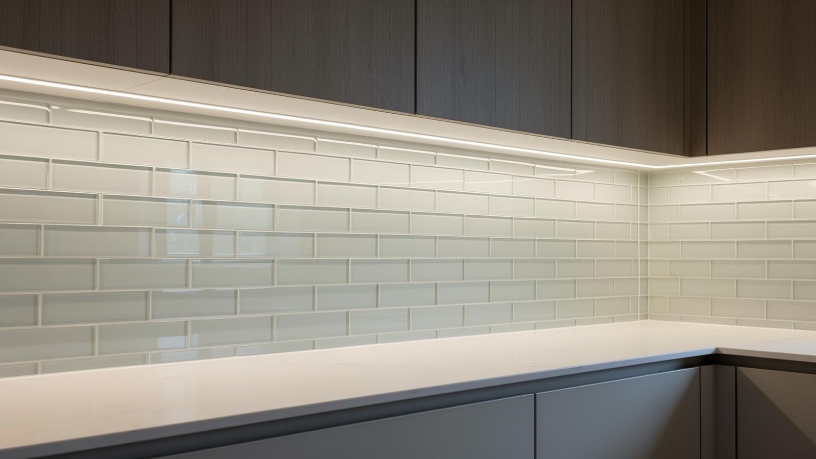 Hinterleuchtete Glas-Nischenrückwand zwischen Ober- und Unterschränken – warmweiße LED-Streifen setzen die Spritzschutzzone stimmungsvoll in Szene