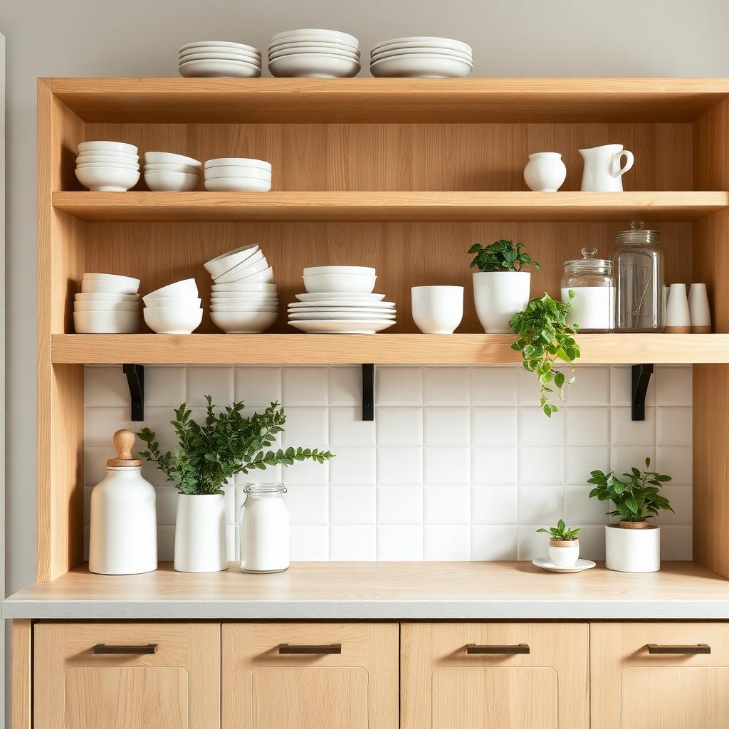 Offene Wandregale aus hellem Eschenholz mit handgefertigter Keramik und Grünpflanzen – typisch skandinavischer Hygge-Stil in der Küche