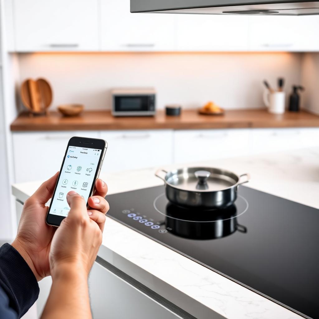 Smartphone mit Home-Connect-App zeigt Backofen-Fernsteuerung – Temperatur, Garzeit und Programmwahl per Touch auf dem Handy