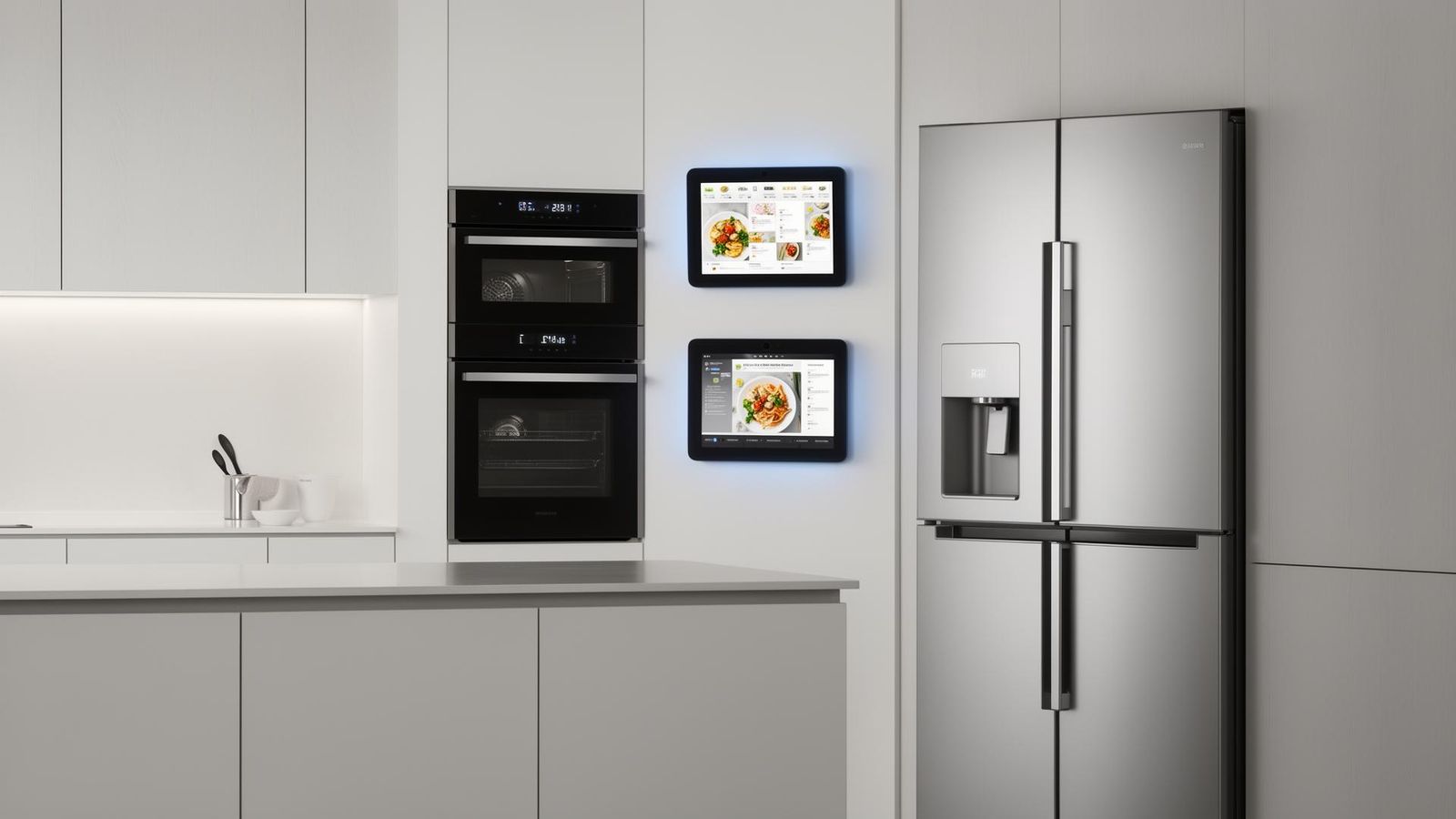 Vernetzte Smart Kitchen mit Home-Connect-fähigen Geräten – Tablet auf Arbeitsplatte steuert Backofen, Kühlschrank und Dunstabzug per App