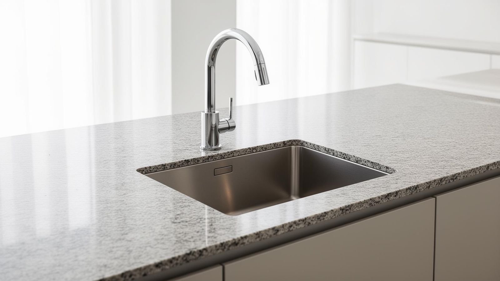 Flächenbündig eingebaute Edelstahl-Unterbauspüle mit zwei Becken und integriertem Abtropfbereich in Quarzkomposit-Arbeitsplatte