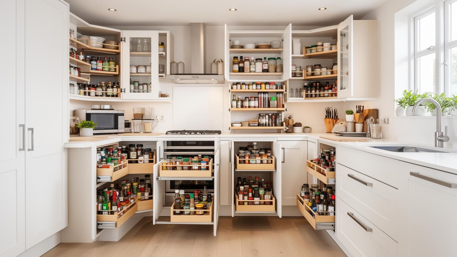 Moderne Küche mit optimalen Stauraumlösungen – organisierte Schränke und Auszüge